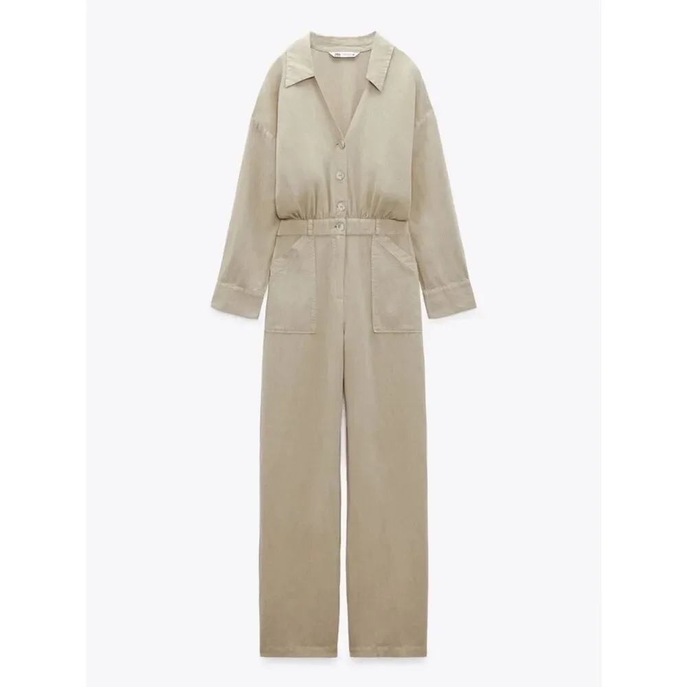 ZARA LINEN BLEND LONG JUMPSUIT SAND